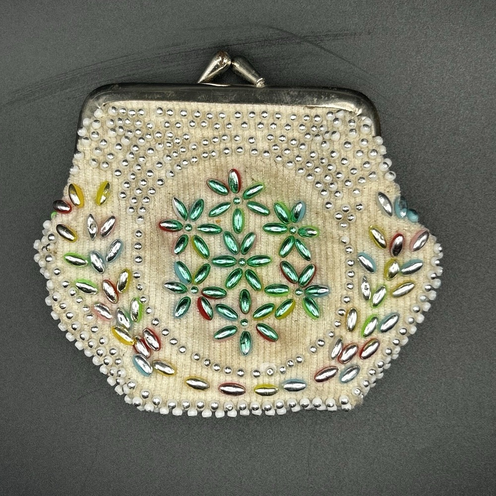 Beaded Floral Coin Purse Art Deco Formal Beige Orange Purple Yellow Blue
